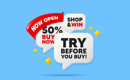 Try before you buy speech bubbles. Now open flag ribbon. Try before you buy tag. Special offer price sign. Advertising discounts symbol. Discount chat bubbles with 3d sparkles. Vectorのイラスト素材