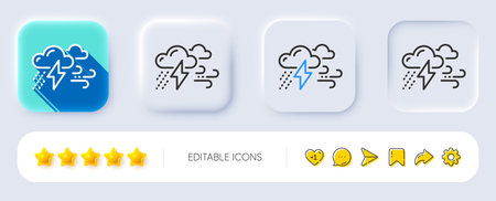 Clouds with raindrops, lightning, wind line icon. Neumorphic, Flat shadow, 3d buttons. Bad weather sign. Line bad weather icon. Social media icons. Vectorのイラスト素材
