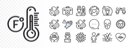 Oculist doctor, Biotin vitamin and Coronavirus line icons for web app. Glare of light effect. Message icon. Pack of Social distance, Medical mask, Face detect pictogram icons. Vectorのイラスト素材