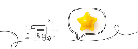 Medical prescription line icon. Continuous line with 3d star. Medicine pills sign. Pharmacy medication symbol. 3d star in speech bubble. Medical prescription single line ribbon. Vectorのイラスト素材