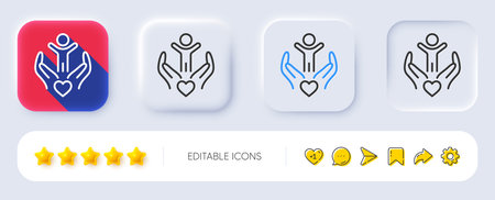 Volunteer care line icon. Neumorphic, Flat shadow, 3d buttons. Hospice service sign. Health insurance symbol. Line volunteer icon. Social media icons. Vectorのイラスト素材