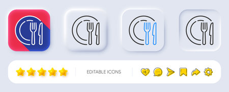 Dish line icon. Neumorphic, Flat shadow, 3d buttons. Tableware food plate sign. Kitchenware fork and knife symbol. Line dish icon. Social media icons. Vectorのイラスト素材