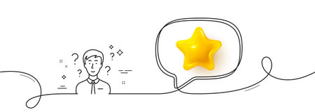 Question mark line icon. Continuous line with 3d star. Support consultant sign. 3d star in speech...
