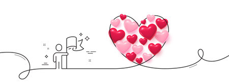 Leadership line icon. Continuous line big heart. Person with flag sign. Business skill symbol. 3d hearts in heart shaped loop. Leadership single line ribbon. Loop curve pattern. Vectorのイラスト素材