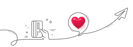 Credit card line icon. Continuous line with share plane. Hold Banking Payment card sign. ATM service symbol. 3d heart in speech bubble. Payment card single line ribbon. Loop curve pattern. Vectorのイラスト素材