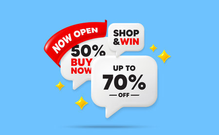 Discount tag speech bubbles. Now open flag ribbon. Up to 70 percent off sale. Discount offer price...