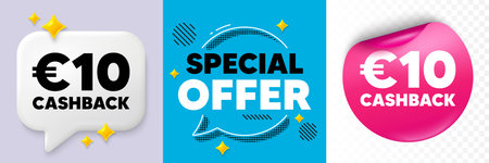 Cashback speech bubble. 3d sparkles chat, Paper sticker. 10 Eur cashback. Money back offer sign. Cash back promo symbol. Special offer bubble. Halftone dots pattern. Vectorのイラスト素材