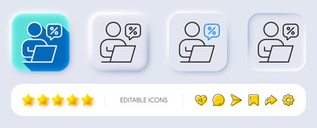 Online discounts line icon. Neumorphic, Flat shadow, 3d buttons. Sale offer sign. Promotion price...