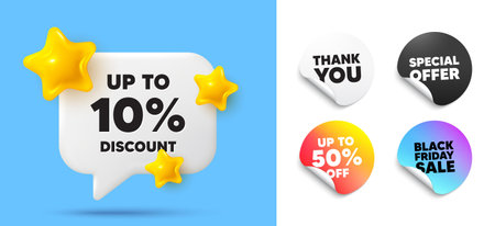 Discount tag speech bubble, sticker tags. Discount, Black friday stickers. Up to 10 percent discount...