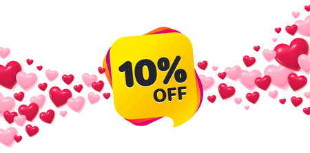 Sale 10 percent love banner with 3d hearts. Flying hearts background. Sale 10 percent off banner....
