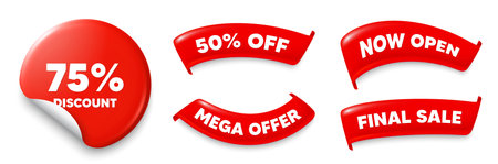Discount sticker, Sale offer ribbons. Now open, Mega discount. 75 percent discount tag. Sale offer...