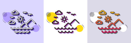 Travel sea mountains line icon. Halftone dotted pattern. Gradient icon with grain shadow. Sun,...