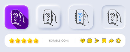 Help app line icon. Neumorphic, Flat shadow, 3d buttons. Hand hold phone sign. Cellphone with screen...