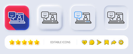 Smile laptop line icon. Neumorphic, Flat shadow, 3d buttons. Positive feedback rating sign. Customer...