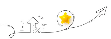 Increasing percent line icon. Continuous line with share plane. Discount sign. Credit percentage...