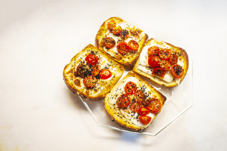 Tomatoes with bread cheese on top turkish background unit isolateの写真素材
