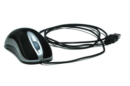 Computer equipment: black and silver mouse with usb port isolated on white background の写真素材