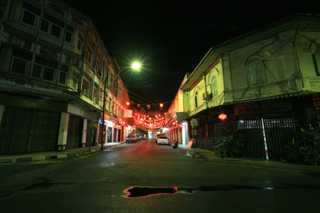 Background: ancient chinese town decorating chinese lamps to celebrate chinese new yearのeditorial素材