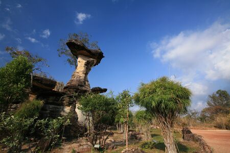 Natural scene: Mushroom rock against blue sky at Pha Taem national park in Ubon Ratchathani, Thailandの写真素材
