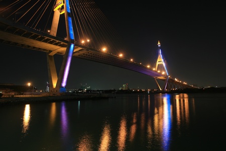 Travel background: night landscape of  Bhumibol bridge acrossing Chao Phraya river  in Bangkok, Thailandの写真素材