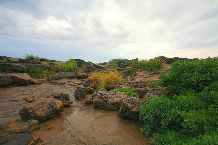 Travel background   natural landscape of sand, colorful rock, and vivid plant after raining at Sampanbok in Thailand の写真素材