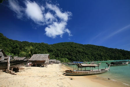 Travel background  Morgan, sea Gypsie, village near ocean and mountain at Surin islands in in Phang-Nga, Thailandの写真素材