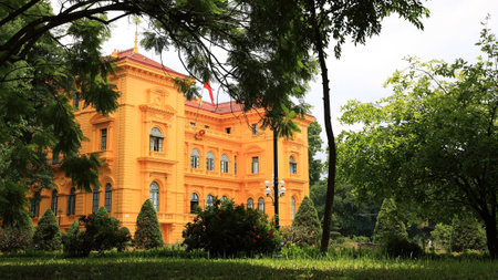 Ho Chi Minh, the Presidential Palace with plant frame in Hanoi, Vietnamのeditorial素材