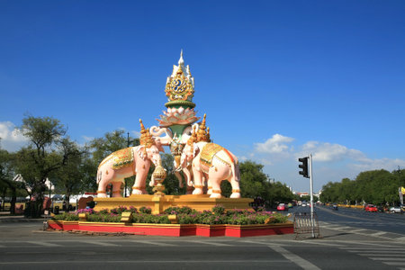 BANGKOK - DECEMBER 09  The pink elephant statue on Sanam Luang junction in Bangkok, Thailand on Dec 09, 2011  This statue is built to celebrate King Bhumibol Adulyadej 84th birthday on Dec 05, 2011 のeditorial素材