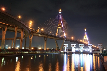 Bhumibol suspension bridge near floodgate across Chao Phraya river in Bangkok, Thailandの写真素材