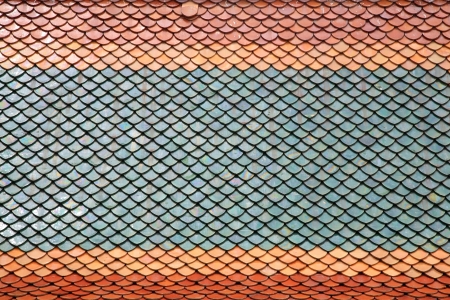 Closeup colorful tile roof of Thai templeの写真素材