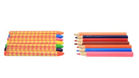  Colorful crayons and wooden pencils isolated on white background の写真素材