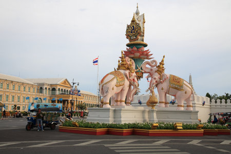 BANGKOK-SEP 09  The pink elephant statue on Sanam Luang junction in Bangkok, Thailand on September 09, 2012  This statue is built to celebrate King Bhumibol Adulyadej 84th birthday on Dec 05, 2011 のeditorial素材