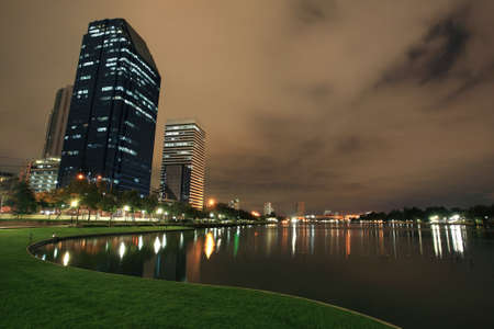 Benjakitti park at night at Bangkok downtown,Thailandの写真素材