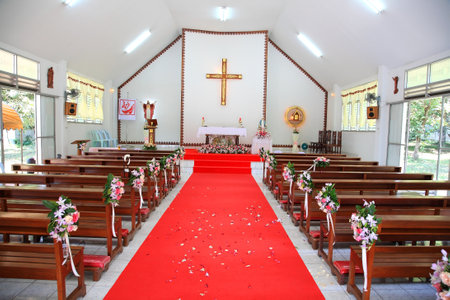 Wedding ceremony arrangement at Roman Catholic church のeditorial素材