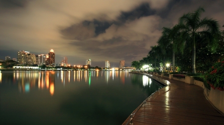 Cityscape of modern buildings at Benjakitti park at dusk in Bangkok, Thailand の写真素材
