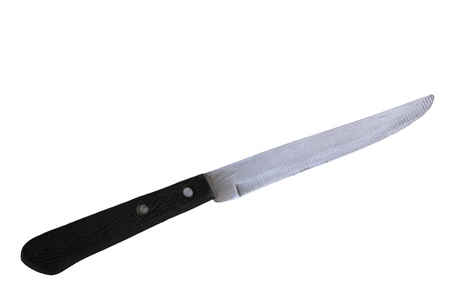 Old kitchen knife with wooden hilt isolated on whiteの写真素材