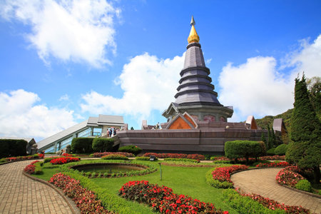 CHIANG MAI-OCT 22  Unidentified people visit Inthanon pagoda on October 22, 2012 in Chiang Mai, Thailand  Here, dedicated to Queen Sirikit on her 60th birthday in 1992, at the summit of Doi Inthanon のeditorial素材