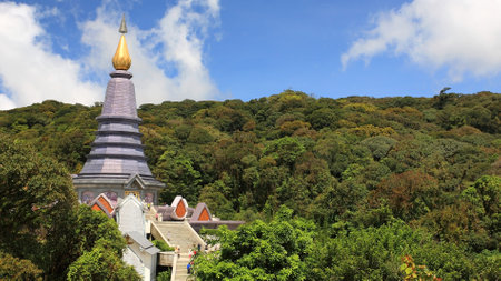 CHIANG MAI-OCT 22  View of Inthanon pagoda with blue sky on October 22, 2012 in Chiang Mai, Thailand  Here, dedicated to Queen Sirikit on her 60th birthday in 1992, is at the summit of Doi Inthanon  のeditorial素材