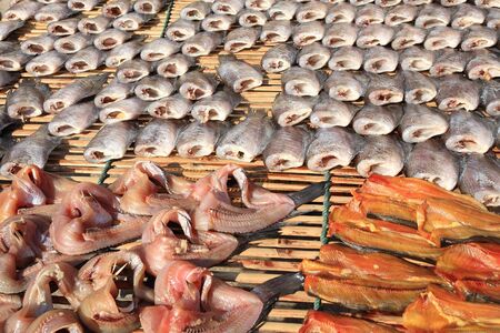 Dried raw fish on bamboo tray for selling at outdoor market in Thailandの写真素材