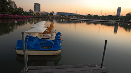 Duck pedal boats on the pond of Benjakitti park at dusk in Bangkok