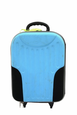 Blue traveler suitcase isolated on white backgroundの写真素材