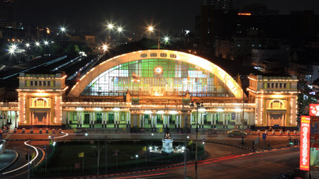 BANGKOK-FEB 09  Hua Lamphong Railway Station at night on Febuary 09, 2013 in Bangkok, Thailand  This railway station, opened in 1916, is designed in Italian Neo-Renaissance style by Annibale Rigotti のeditorial素材