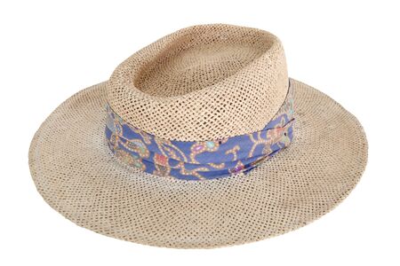 Weave brown women hat with blue ribbon isolated on whiteの写真素材