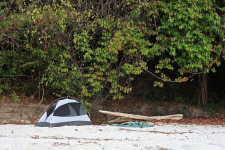Tent on white sand beach for vacationの写真素材