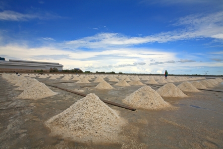 Pile of salt in salt pan against blue sky in Samut Sakhon, Thailand の写真素材