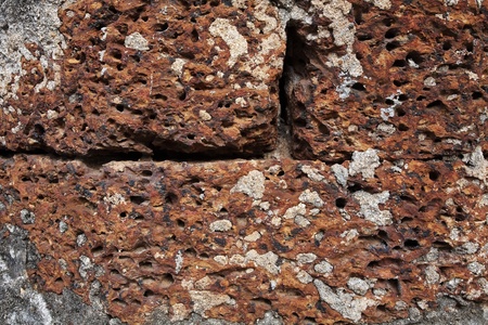 Closeup texture of red laterite stone brick wall の写真素材
