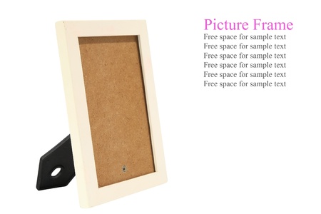wooden picture frame isolated on white with sample textの写真素材