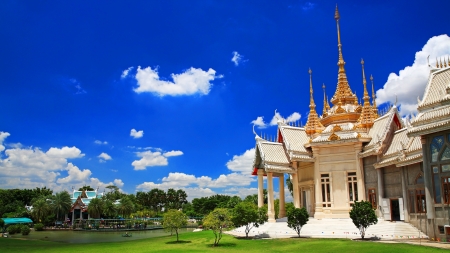 Thai temple named Wat Sorapong against blue sky in  Nakhon Ratchasima or Korat, Thailandの写真素材