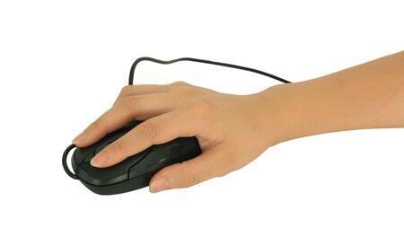 Black Computer optical mouse on hand isolated on white background の写真素材