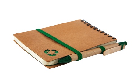 Notebook with green recycle icon and Pen Isolated on Whiteの写真素材